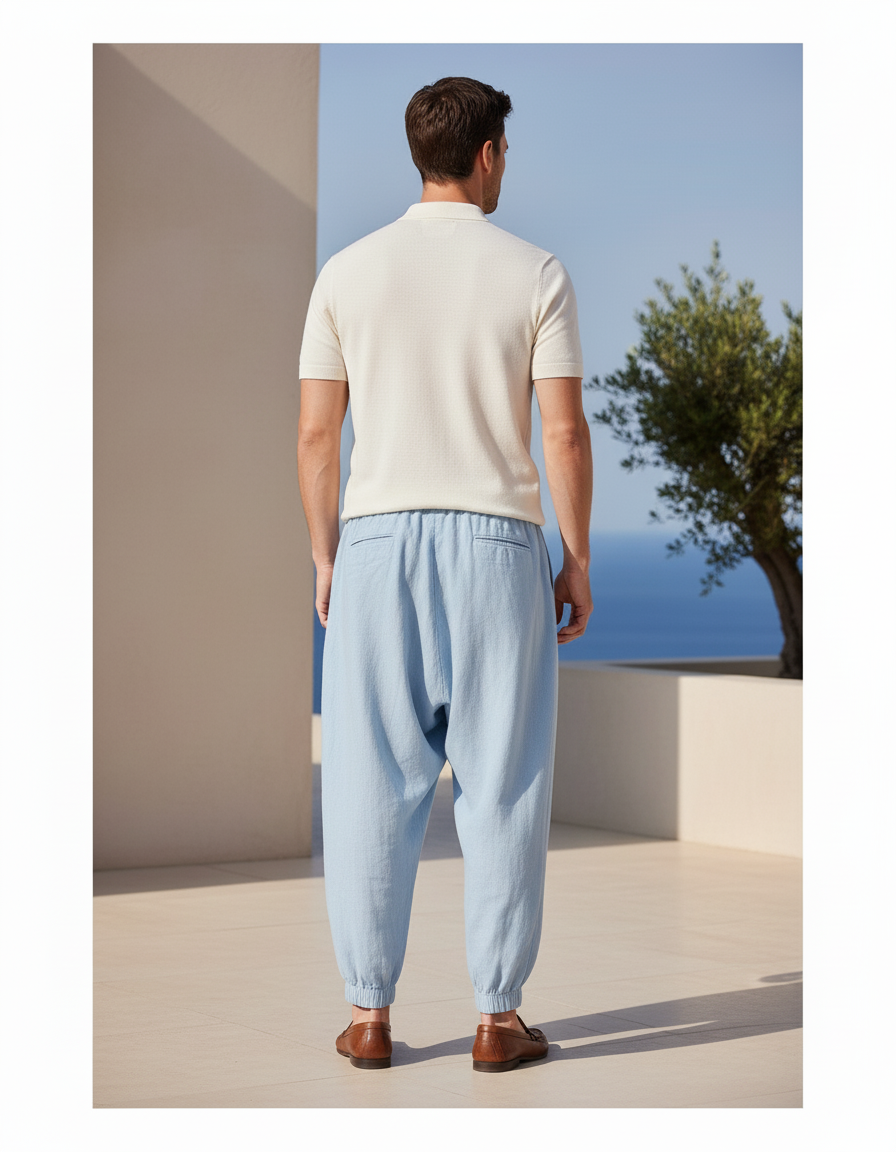 Pantalon En Lin Bleu Ciel Ample Cordon Homme - vue 2