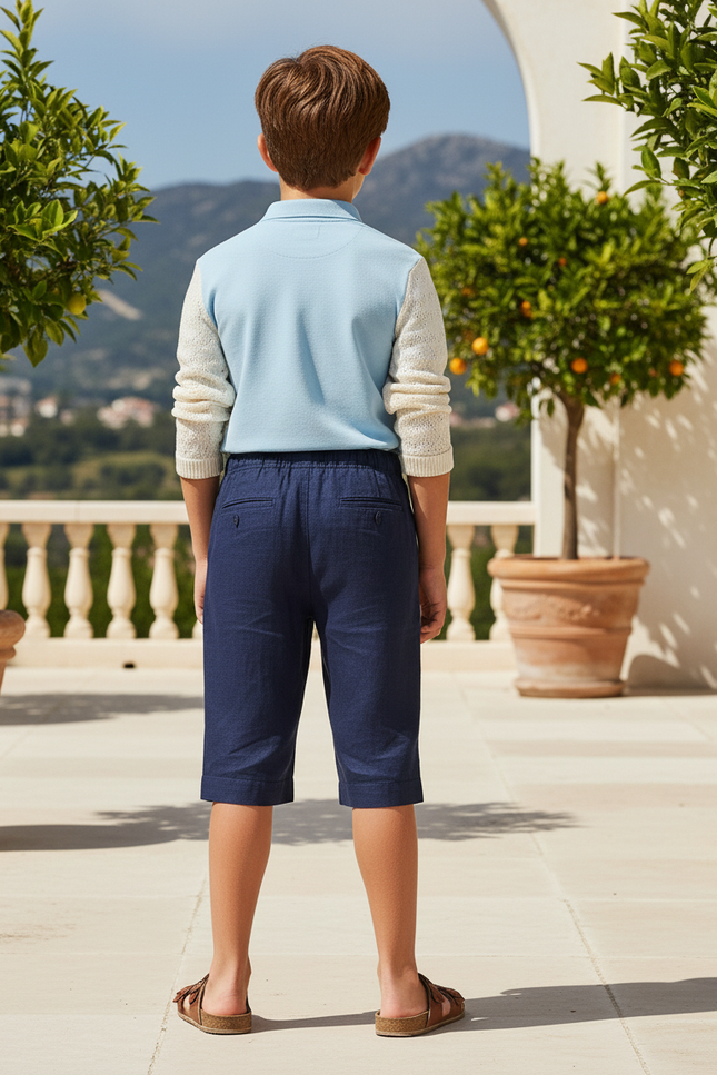 Pantalon En Lin Bleu Marine Court Garçon Décontracté - vue 2
