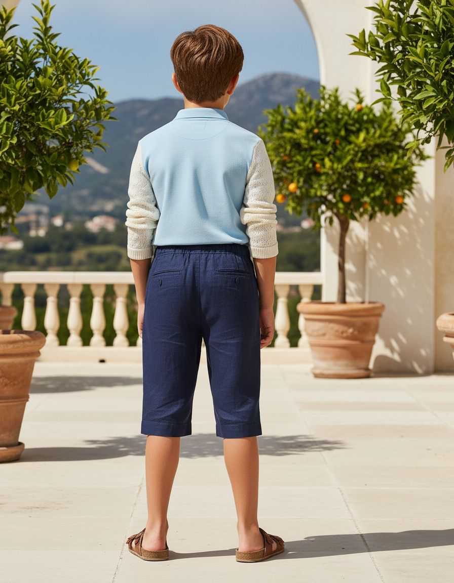 Pantalon En Lin Bleu Marine Court Garçon Décontracté - vue 2