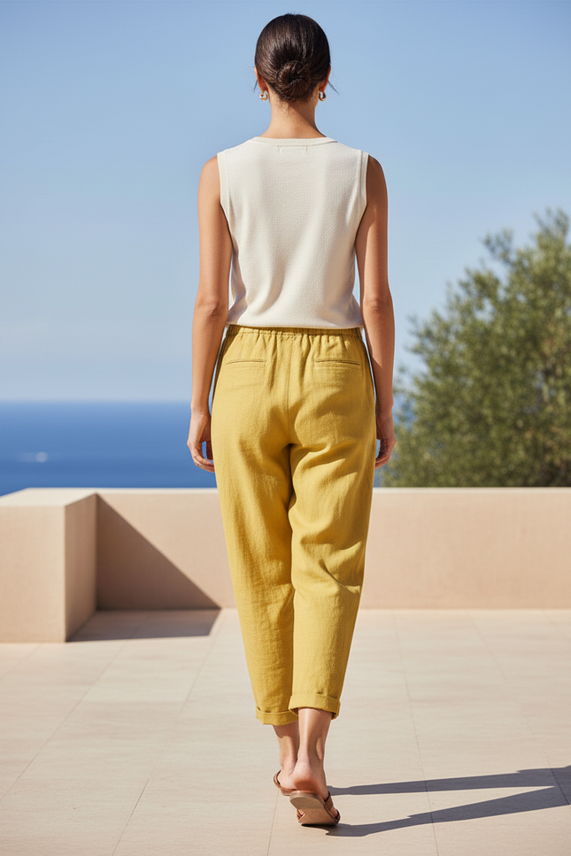 Pantalon En Lin Ample Jaune Taille Haute Décontracté - vue 2