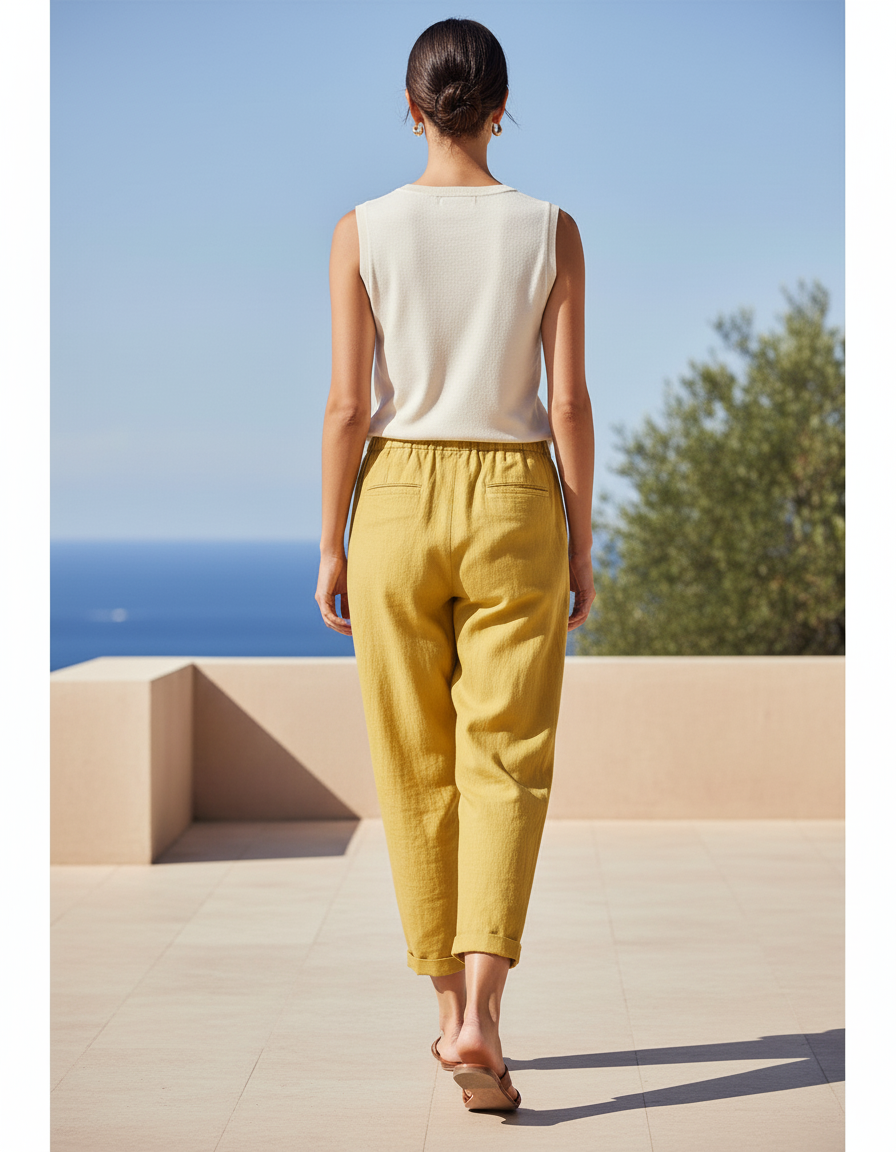 Pantalon En Lin Ample Jaune Taille Haute Décontracté - vue 2