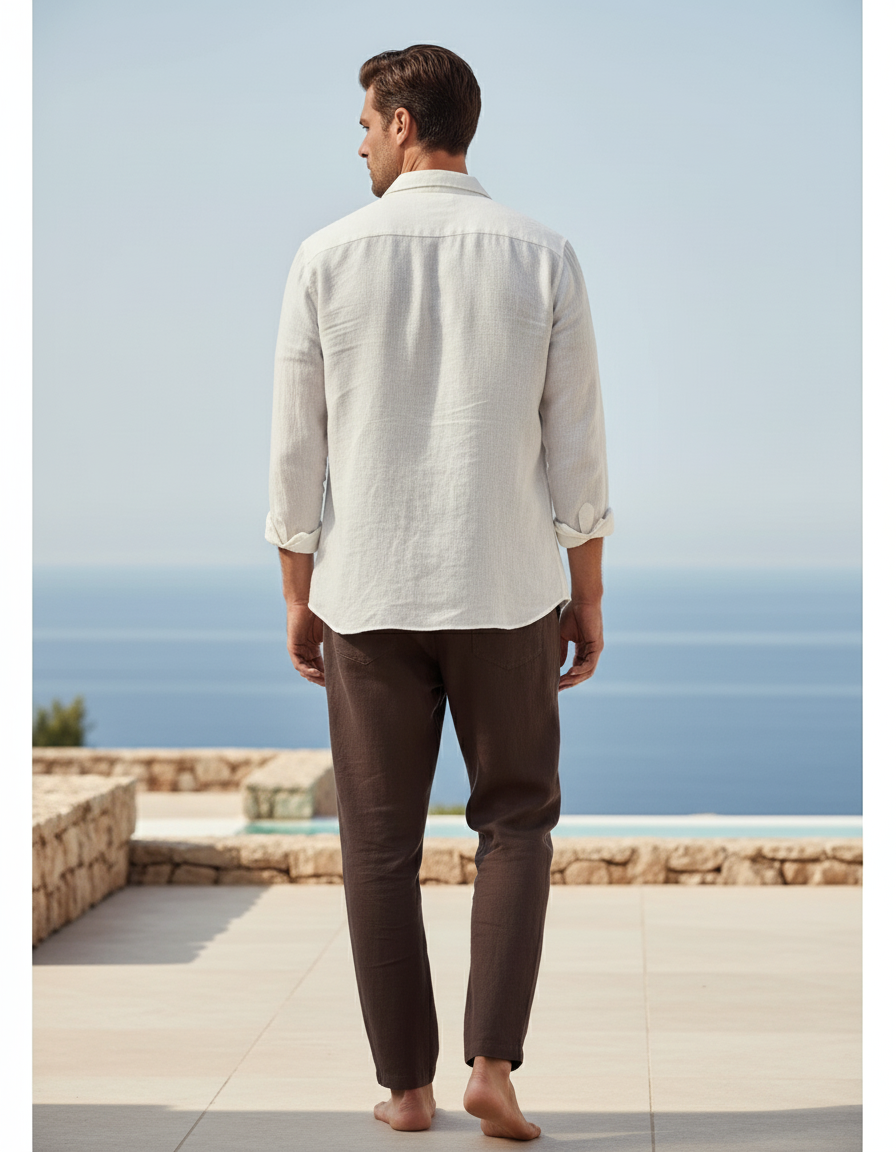 Pantalon En Lin Marron Ample Décontracté Homme - vue 2