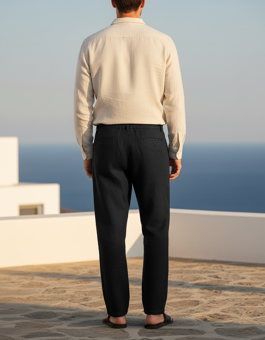 Pantalon En Lin Homme Noir Coupe Ample Casual Été - vue 2