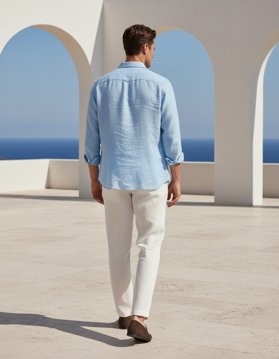 Pantalon En Lin Blanc Plissé Droit Élégant Homme - vue 2