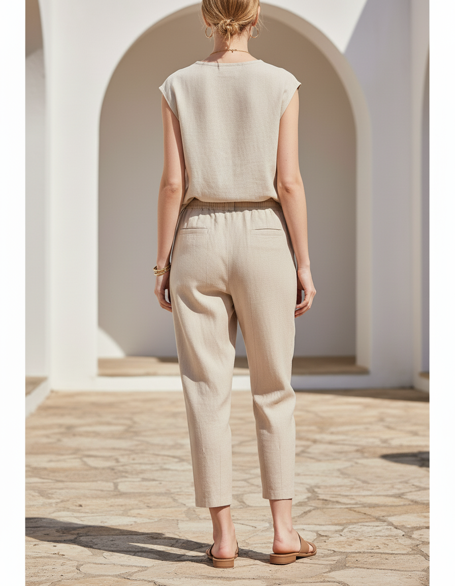Pantalon Femme En Lin Et Coton - Beige - vue 2