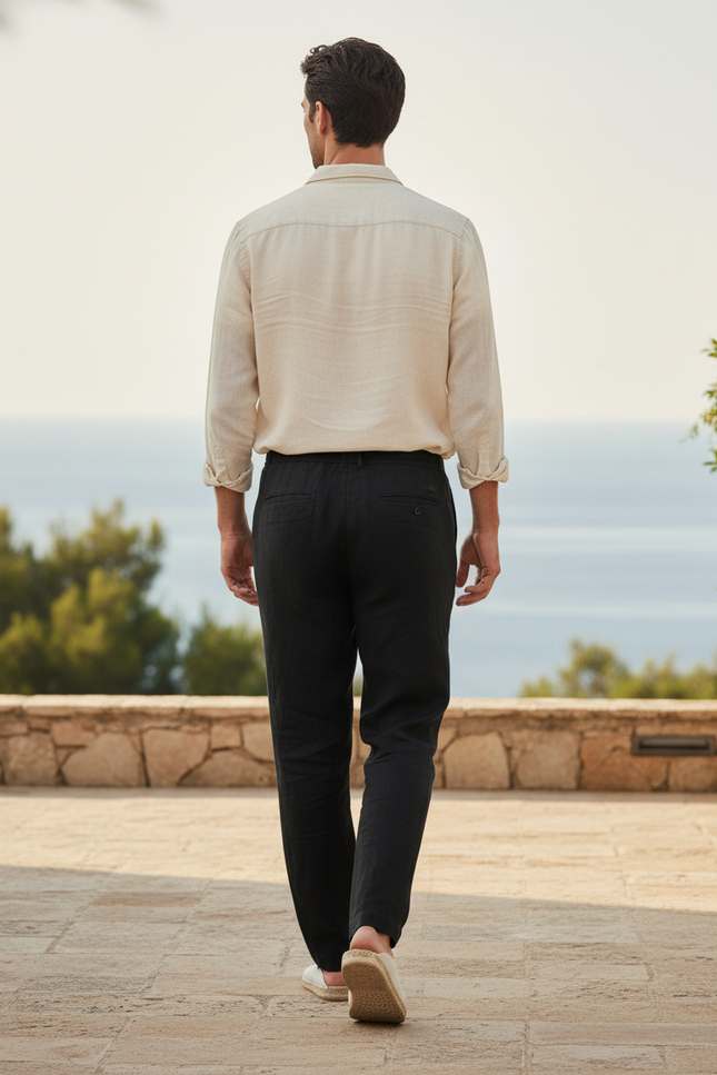 Pantalon En Lin Décontracté - Noir - vue 2