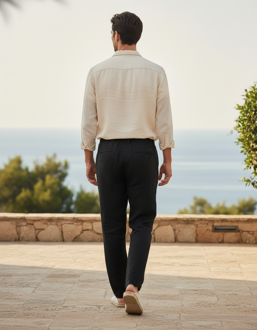Pantalon En Lin Décontracté - Noir - vue 2