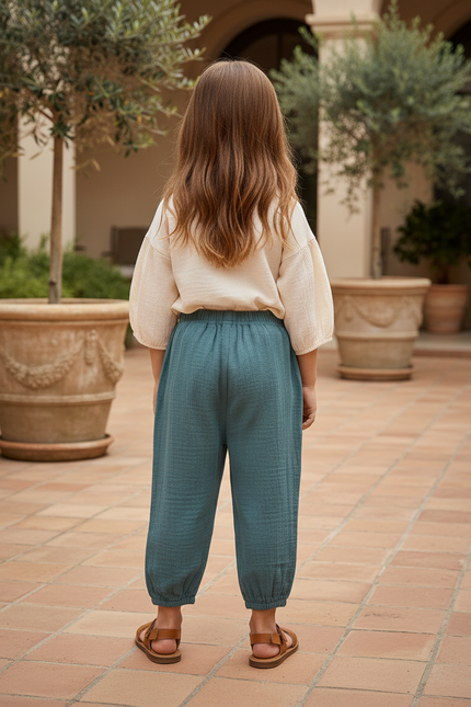 Pantalon En Lin Vert Canard Ample Fluide Fille - vue 2