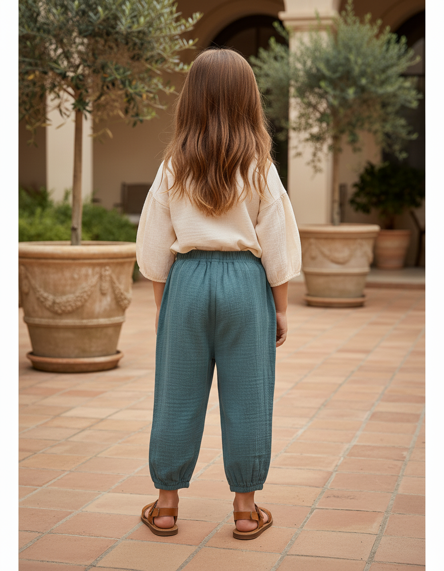 Pantalon En Lin Vert Canard Ample Fluide Fille - vue 2