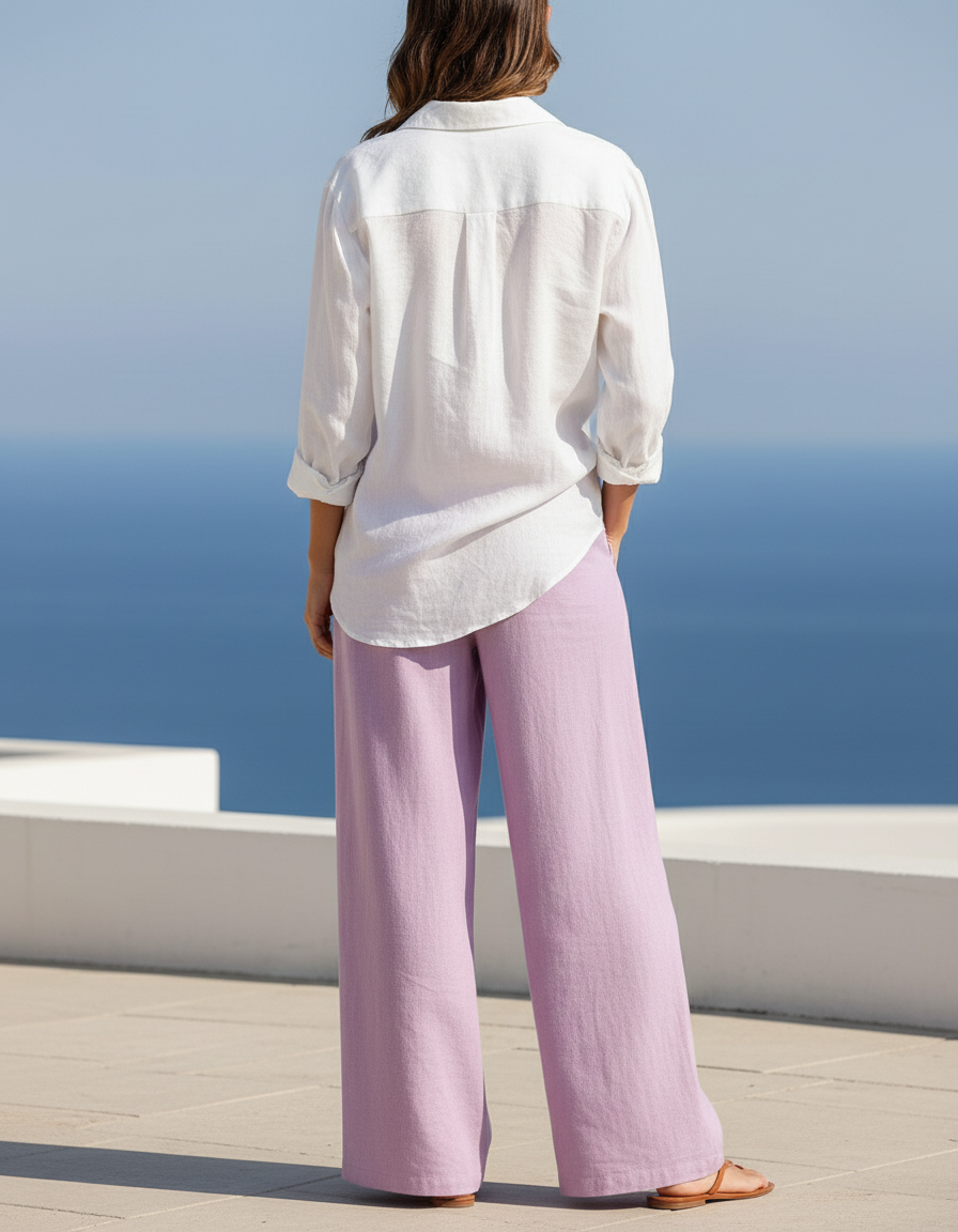 Pantalon En Lin Lavande Ample Plissé Fluide - Violet - vue 2