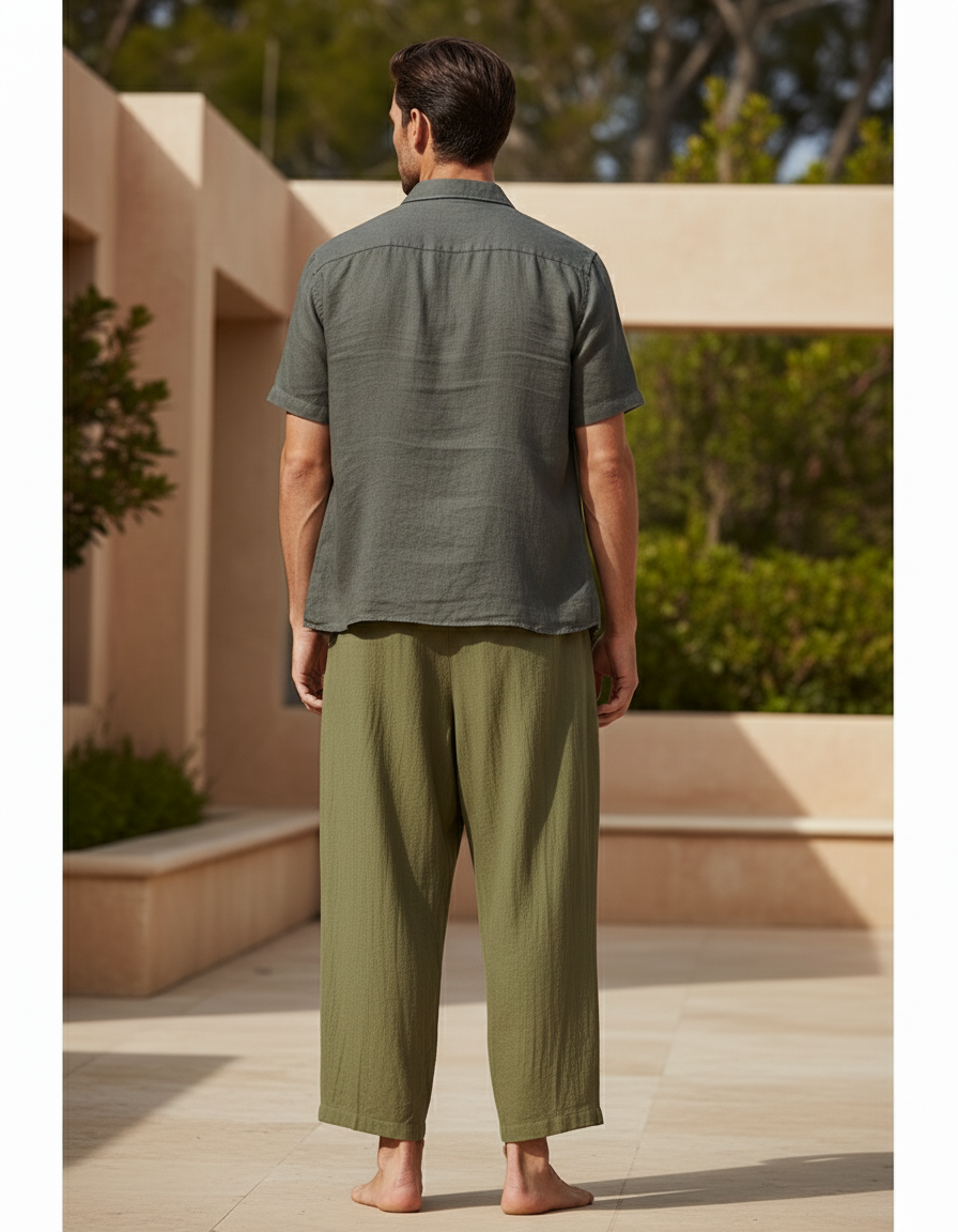 Pantalon En Lin Vert Ample Coton Fluide Décontracté Homme - Kaki - vue 2