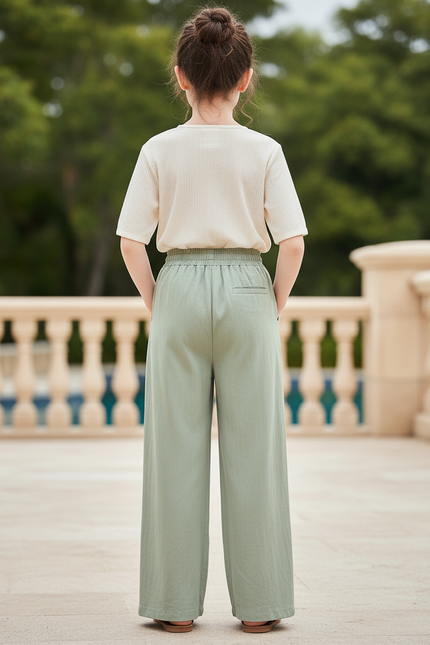 Pantalon En Lin Vert Ample Plissé Décontracté Fille - vue 2