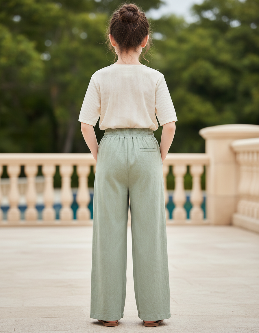Pantalon En Lin Vert Ample Plissé Décontracté Fille - vue 2