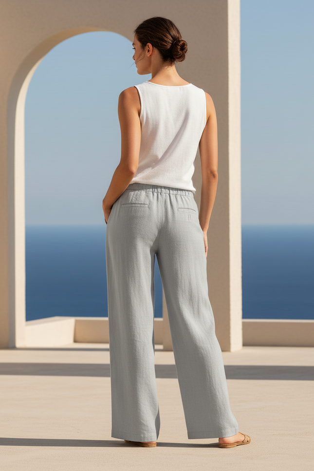 Pantalon En Lin Ample Cordon Taille Haute Femme - Bleu - vue 2