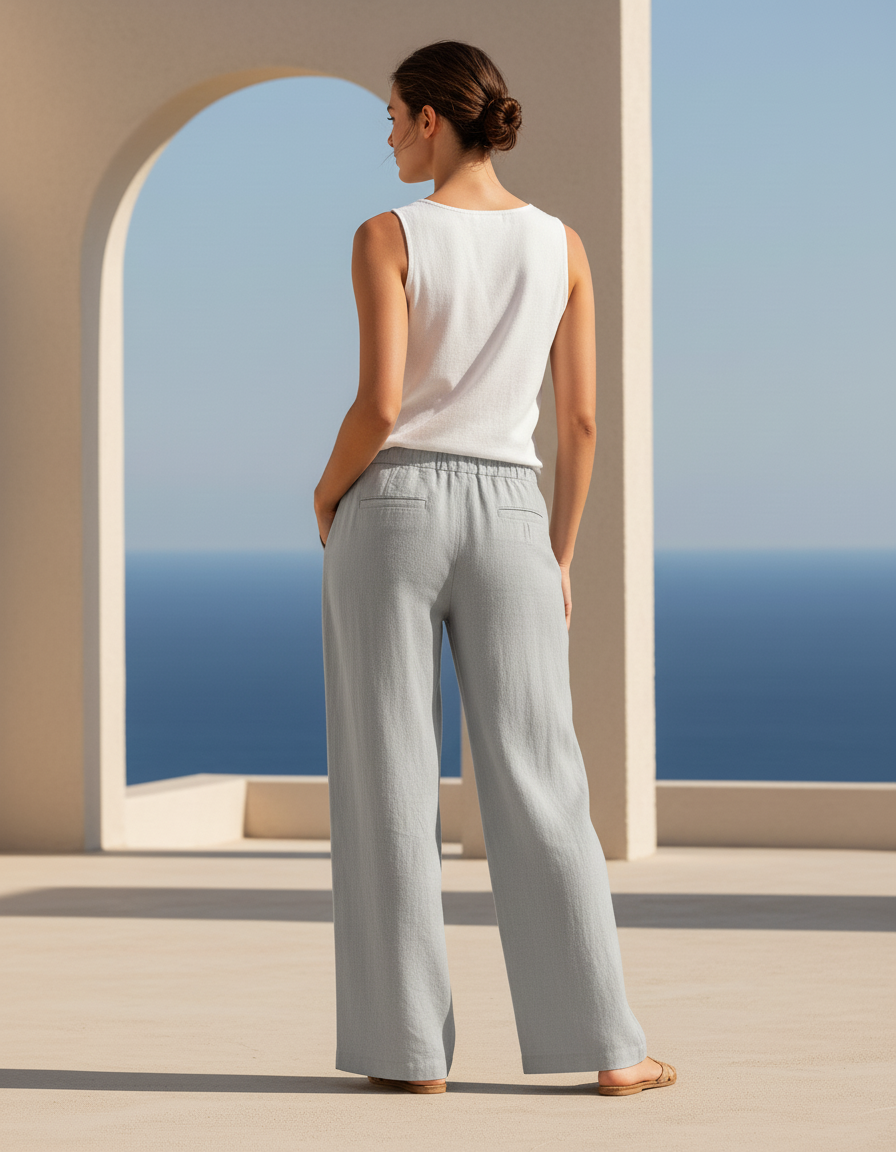 Pantalon En Lin Ample Cordon Taille Haute Femme - Bleu - vue 2
