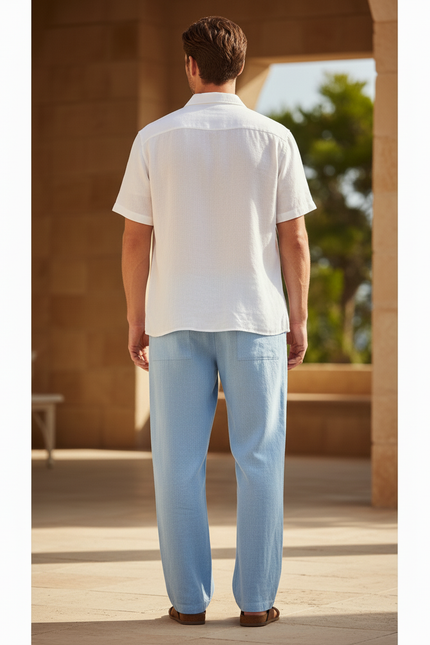 Pantalon En Lin Mélangé Avec Cordon De Serrage - Bleu - vue 2
