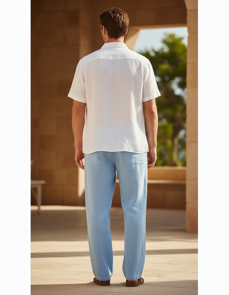 Pantalon En Lin Mélangé Avec Cordon De Serrage - Bleu - vue 2