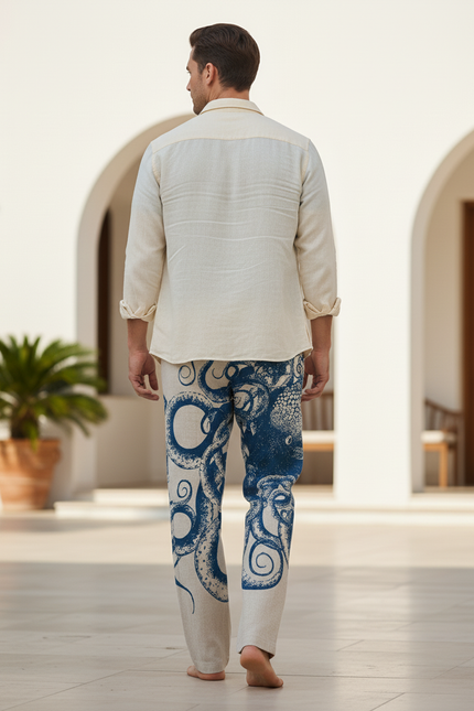 Pantalon En Lin Blanc Et Bleu - Imprimé - vue 2