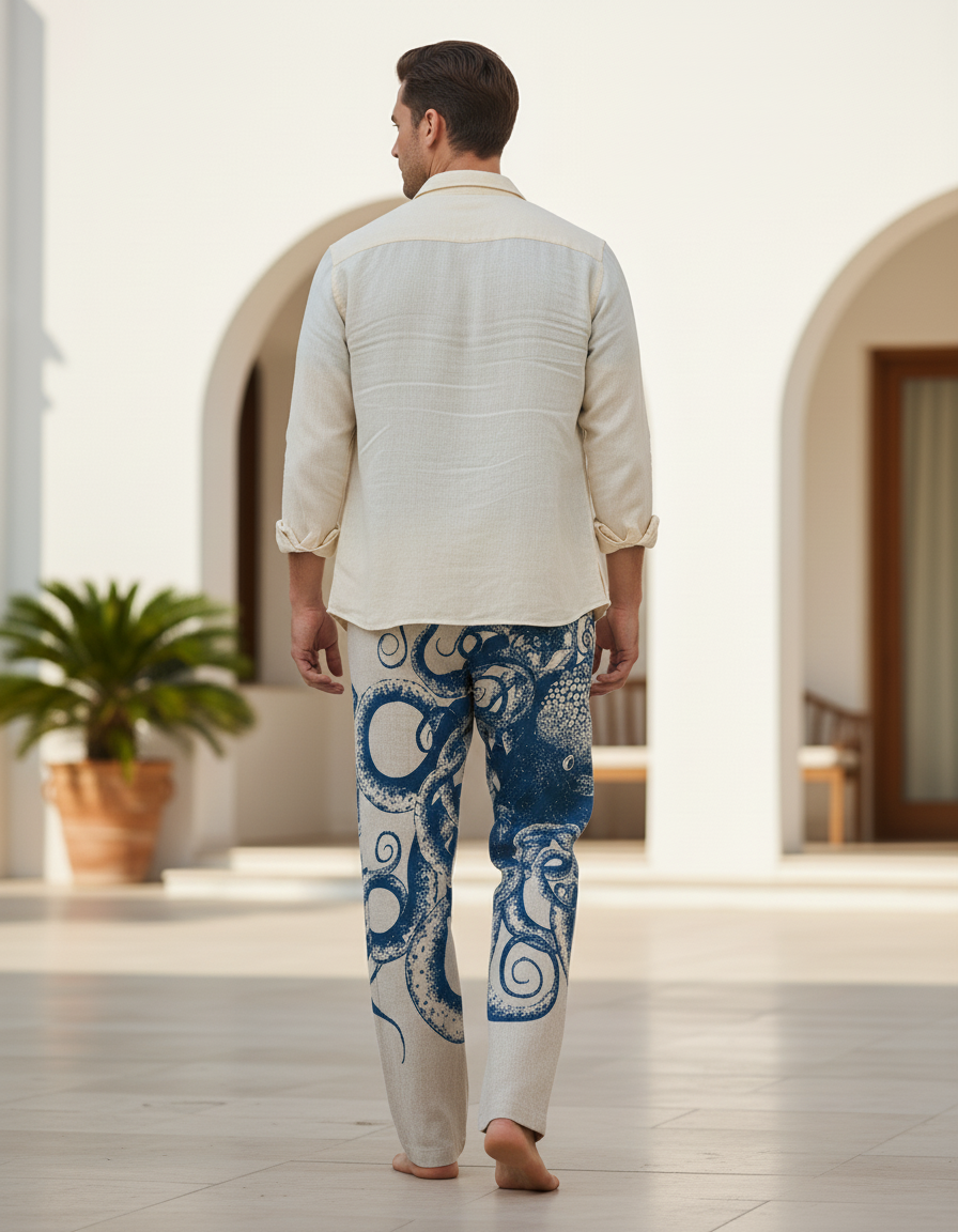 Pantalon En Lin Blanc Et Bleu - Imprimé - vue 2