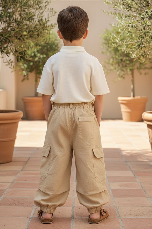 Pantalon En Lin Cargo Beige Ample Garçon Décontracté - vue 2