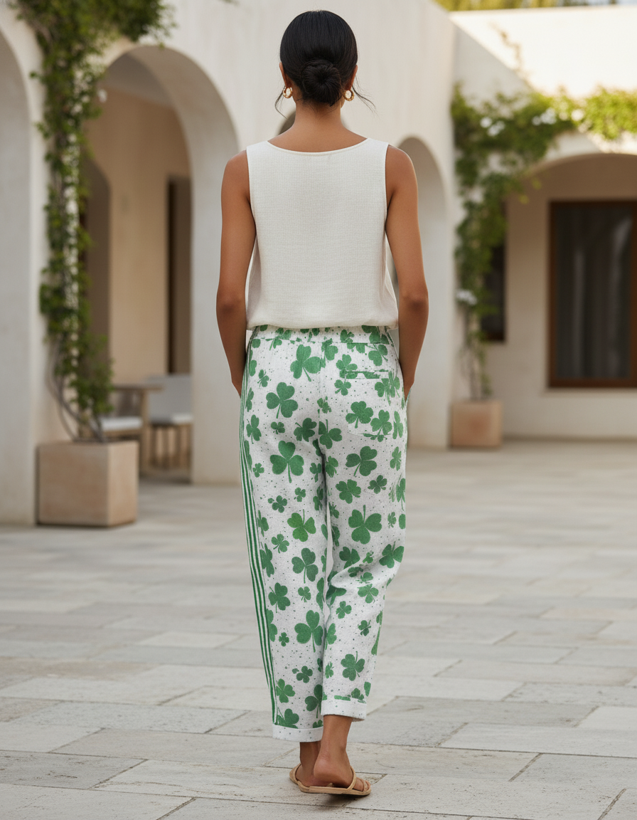 Pantalon En Lin Vert Imprimé Trèfle Décontracté Femme - vue 2