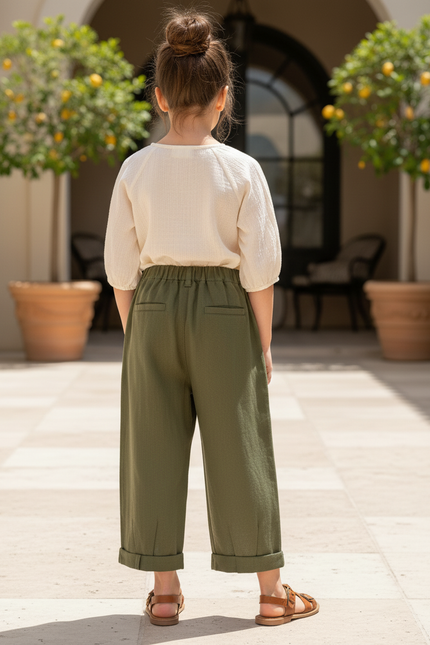 Pantalon En Lin Vert Militaire Ample Enfant Décontracté - Kaki - vue 2