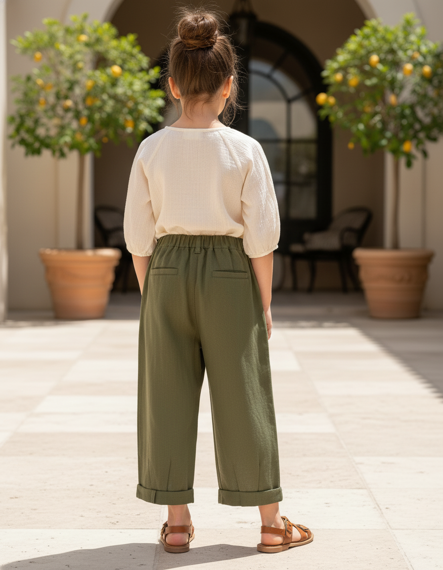 Pantalon En Lin Vert Militaire Ample Enfant Décontracté - Kaki - vue 2