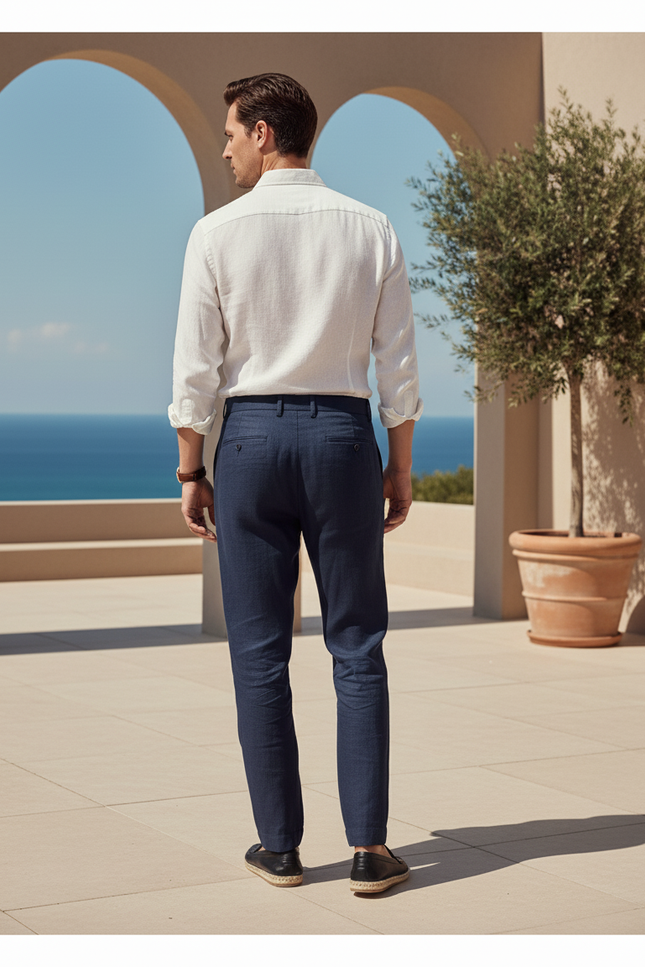 Pantalon En Lin Homme Bleu Marine Pince - vue 2