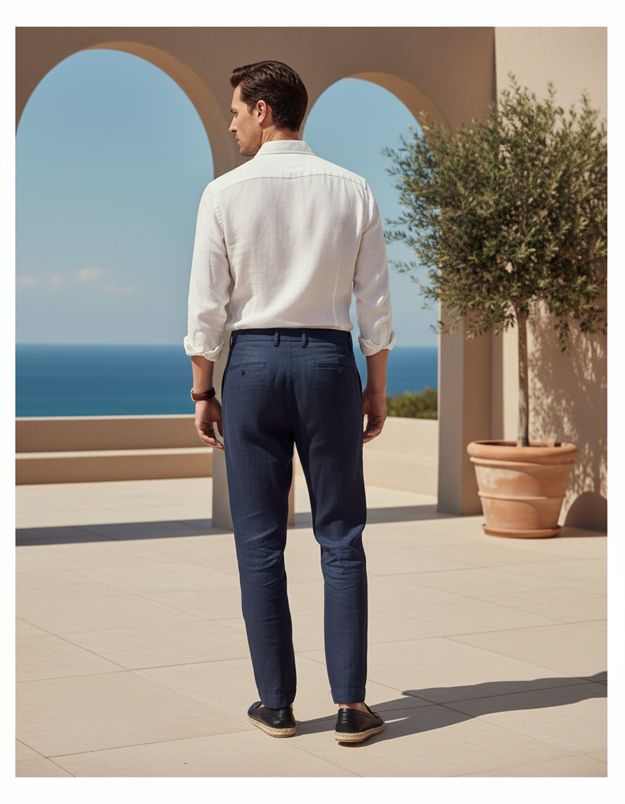 Pantalon En Lin Homme Bleu Marine Pince - vue 2
