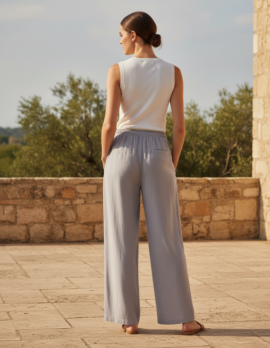 Pantalon En Lin Gris Fluide Décontracté Taille Haute - vue 2