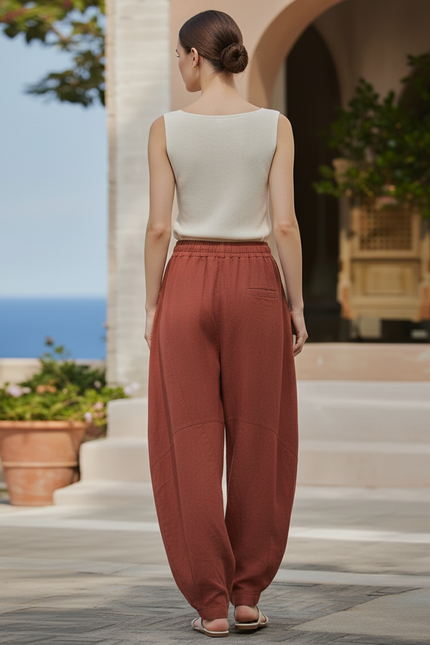 Pantalon En Lin Ample Fluide Marron Confortable Femme - vue 2
