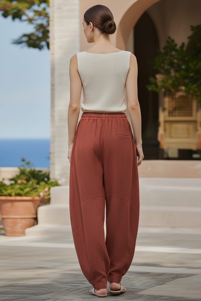 Pantalon En Lin Ample Fluide Marron Confortable Femme - vue 2