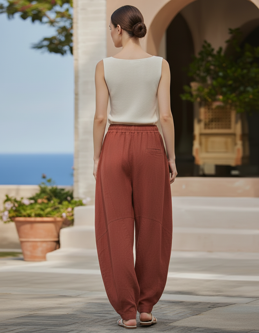 Pantalon En Lin Ample Fluide Marron Confortable Femme - vue 2