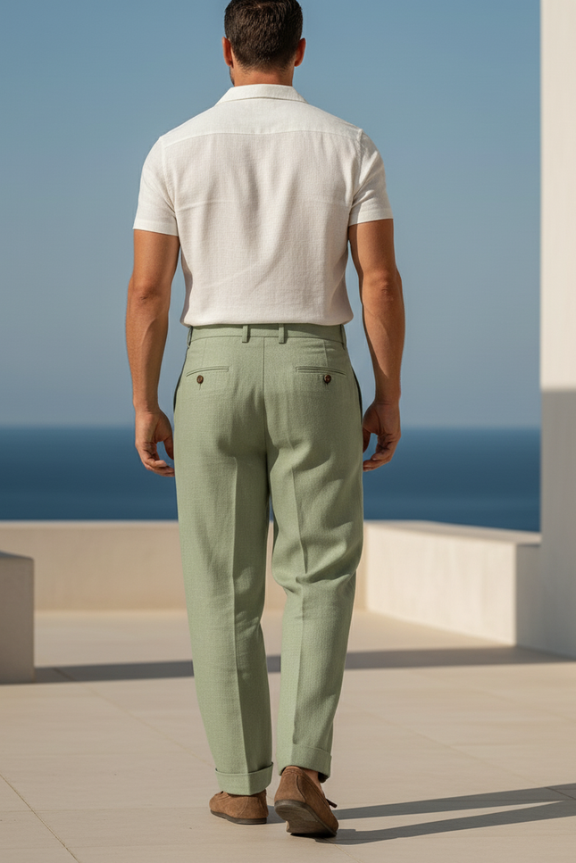 Pantalon En Lin Vert Ample Boutonné Élégant Homme - vue 2