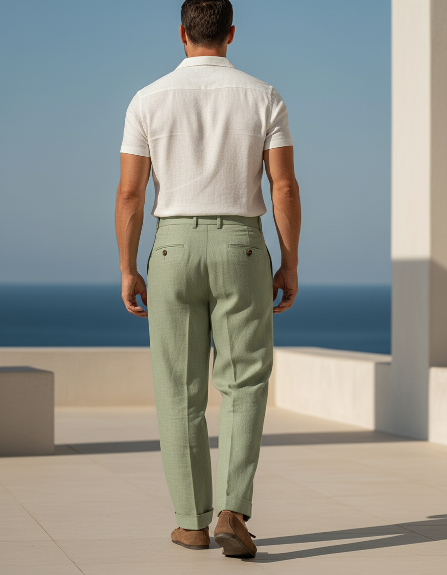 Pantalon En Lin Vert Ample Boutonné Élégant Homme - vue 2