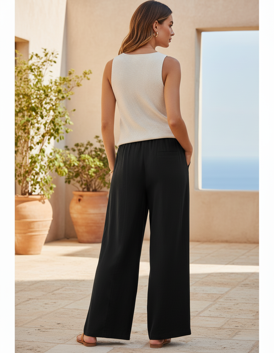 Pantalon En Lin Noir Ample Décontracté Fluide Taille Haute - vue 2