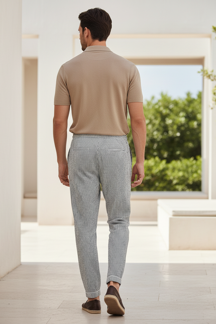 Pantalon En Lin Rayé Décontracté Cordon Homme - Imprimé - vue 2