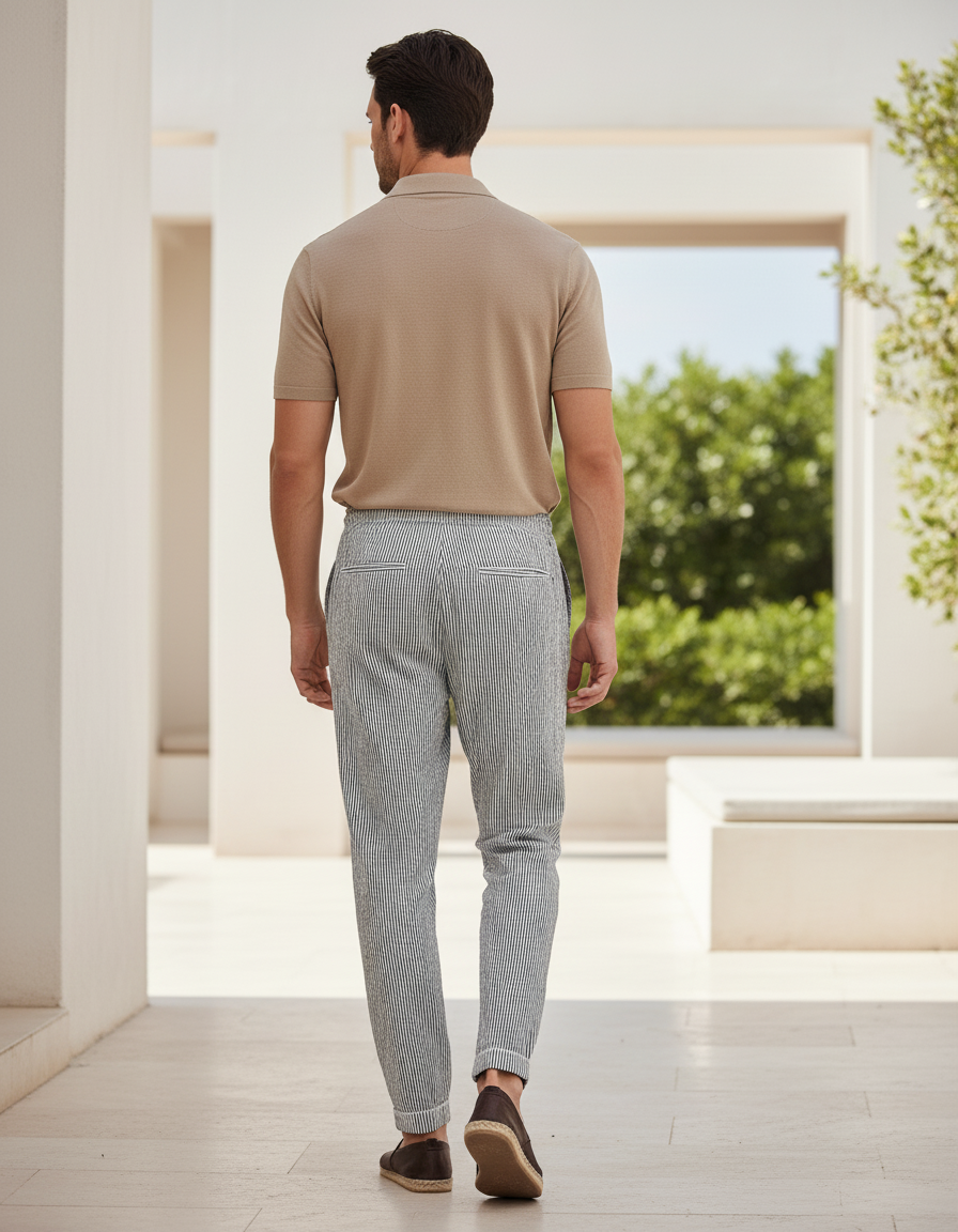 Pantalon En Lin Rayé Décontracté Cordon Homme - Imprimé - vue 2