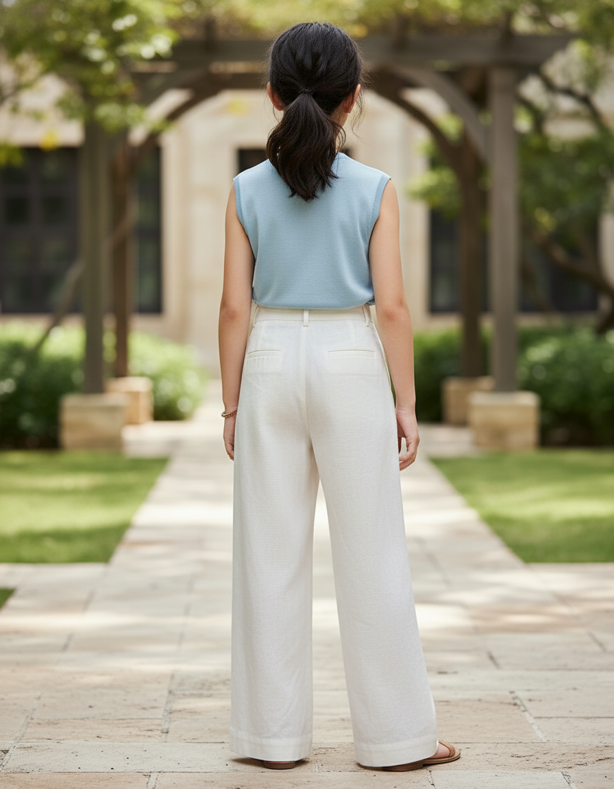 Pantalon En Lin Blanc Ample Taille Haute Fille - vue 2