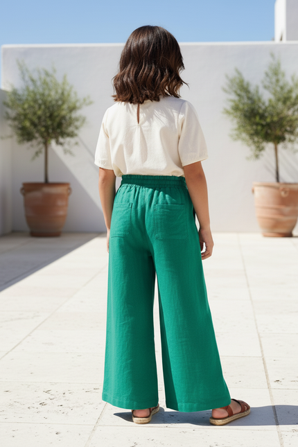 Pantalon En Lin Vert Ample Cordon Fille - vue 2
