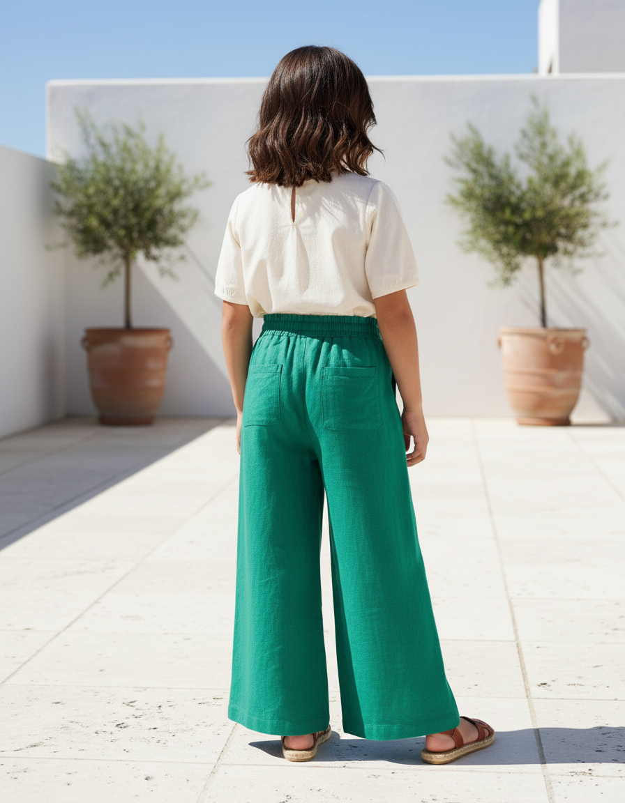 Pantalon En Lin Vert Ample Cordon Fille - vue 2
