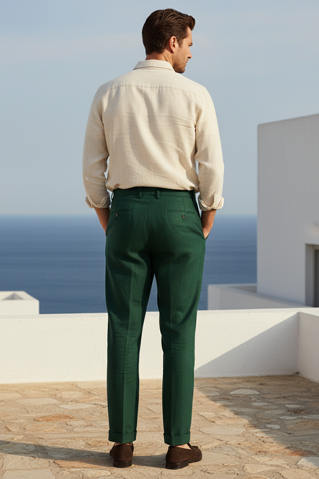 Pantalon En Lin Vert Foncé Plissé Élégant Homme Décontracté - Laine - vue 2