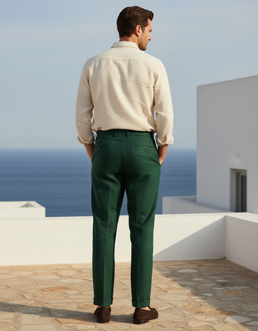 Pantalon En Lin Vert Foncé Plissé Élégant Homme Décontracté - Laine - vue 2