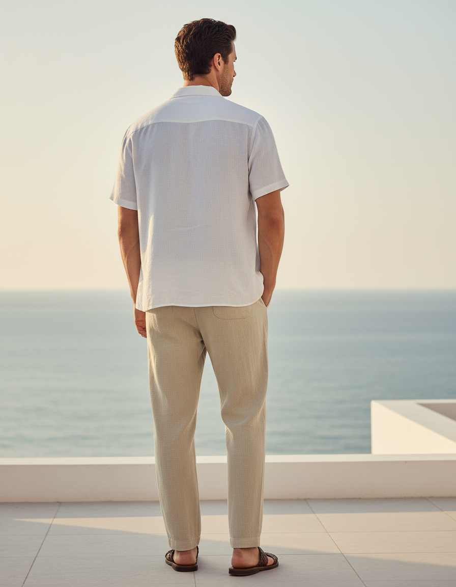 Pantalon En Lin Beige Ample Décontracté Léger Cordon - vue 2