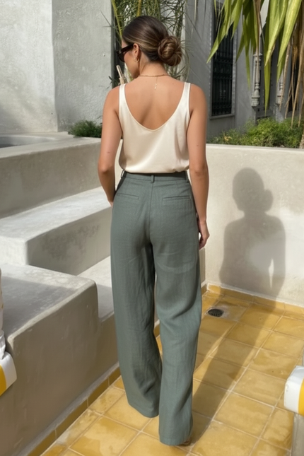 Pantalon En Lin Vert Ample Plissé Décontracté Fluide - Kaki - vue 2
