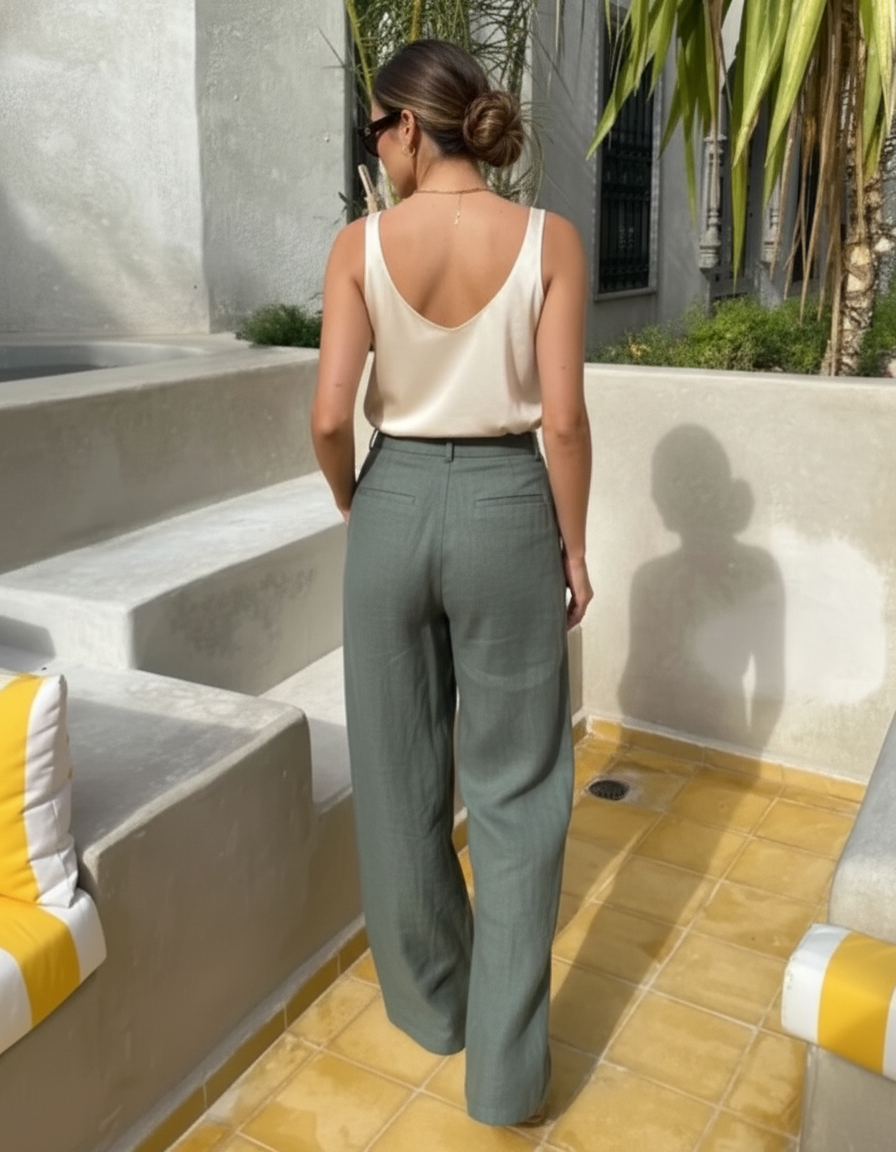 Pantalon En Lin Vert Ample Plissé Décontracté Fluide - Kaki - vue 2