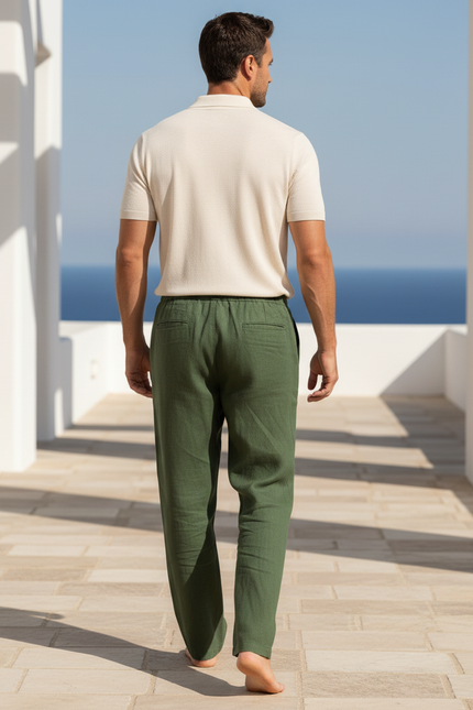 Pantalon En Lin Homme Vert Ample Cordon Décontracté - vue 2