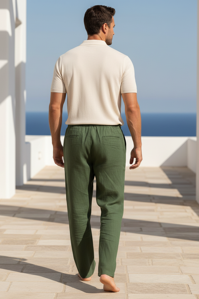 Pantalon En Lin Homme Vert Ample Cordon Décontracté - vue 2