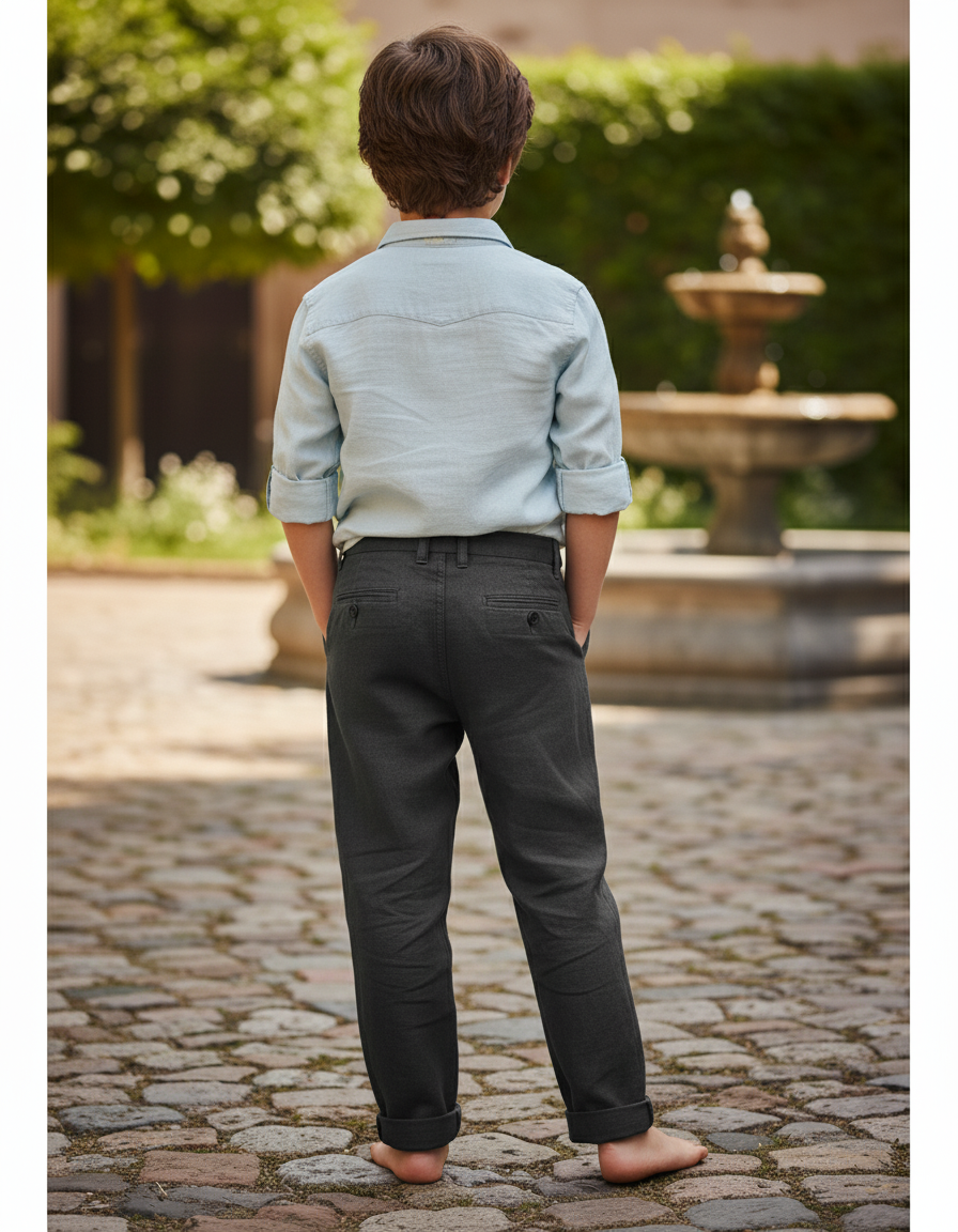 Pantalon En Lin Gris Anthracite Enfant Droit Élégant Décontracté - vue 2