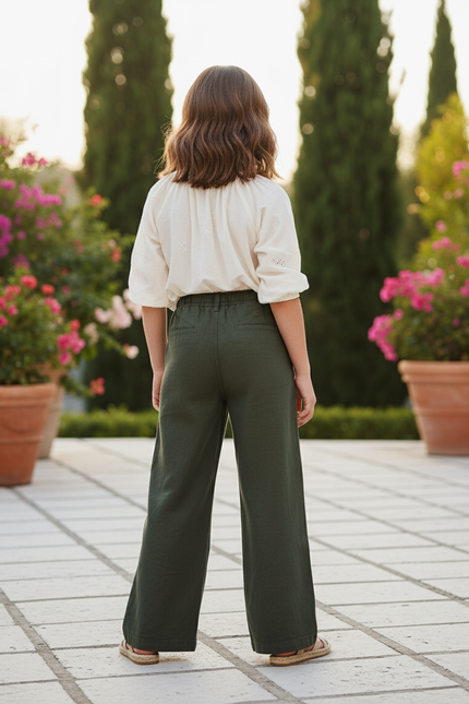 Pantalon En Lin Vert Ample Cordon Décontracté Enfant - Kaki - vue 2
